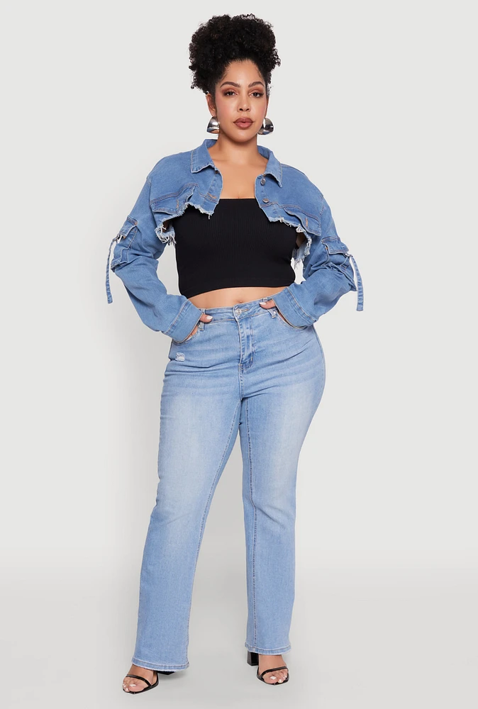 Womens Plus Size Daisy Cargo Pocket Sleeve Cropped Jean Jacket, Blue, Size 2X