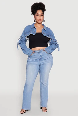 Womens Plus Size Daisy Cargo Pocket Sleeve Cropped Jean Jacket, Blue, Size 2X