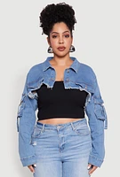 Womens Plus Size Daisy Cargo Pocket Sleeve Cropped Jean Jacket, Blue, Size 2X