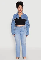 Womens Plus Size Daisy Cargo Pocket Sleeve Cropped Jean Jacket, Blue, Size 2X