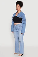 Womens Plus Size Daisy Cargo Pocket Sleeve Cropped Jean Jacket, Blue, Size 2X