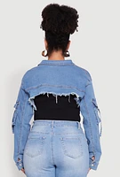 Womens Plus Size Daisy Cargo Pocket Sleeve Cropped Jean Jacket, Blue, Size 2X