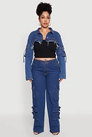 Womens Plus Daisy Cargo Pocket Sleeve Cropped Jean Jacket, Blue,