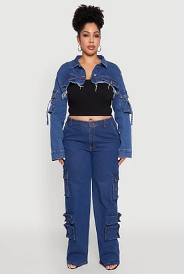 Womens Plus Daisy Cargo Pocket Sleeve Cropped Jean Jacket, Blue,