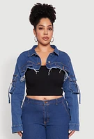 Womens Plus Daisy Cargo Pocket Sleeve Cropped Jean Jacket, Blue,
