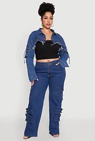 Womens Plus Daisy Cargo Pocket Sleeve Cropped Jean Jacket, Blue,