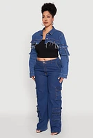 Womens Plus Daisy Cargo Pocket Sleeve Cropped Jean Jacket, Blue,