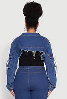 Womens Plus Daisy Cargo Pocket Sleeve Cropped Jean Jacket, Blue,