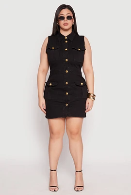 Womens Plus Daisy Sleeveless Denim Utility Mini Dress,