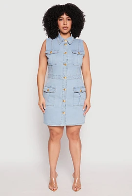 Womens Plus Daisy Sleeveless Denim Utility Mini Dress, Blue,