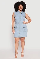 Womens Plus Daisy Sleeveless Denim Utility Mini Dress, Blue,