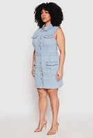 Womens Plus Daisy Sleeveless Denim Utility Mini Dress, Blue,