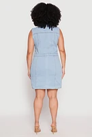 Womens Plus Daisy Sleeveless Denim Utility Mini Dress, Blue,