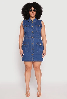 Womens Plus Size Daisy Sleeveless Denim Utility Mini Dress, Blue, Size 1X