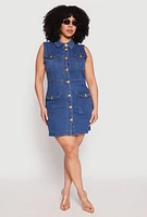 Womens Plus Size Daisy Sleeveless Denim Utility Mini Dress, Blue, Size 1X