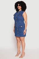 Womens Plus Size Daisy Sleeveless Denim Utility Mini Dress, Blue, Size 1X