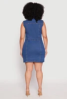 Womens Plus Size Daisy Sleeveless Denim Utility Mini Dress, Blue, Size 1X