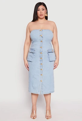 Womens Plus Daisy Denim Tube Dress, Blue,