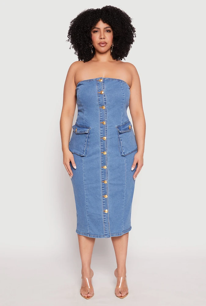 Womens Plus Size Daisy Denim Tube Dress, Blue, Size 2X