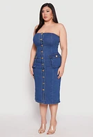 Womens Plus Size Daisy Denim Tube Dress, Blue, Size 3X