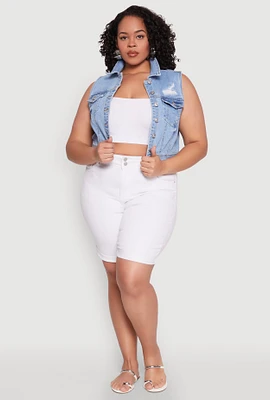 Womens Plus Size WAX Distressed Denim Vest, Blue, Size 1X