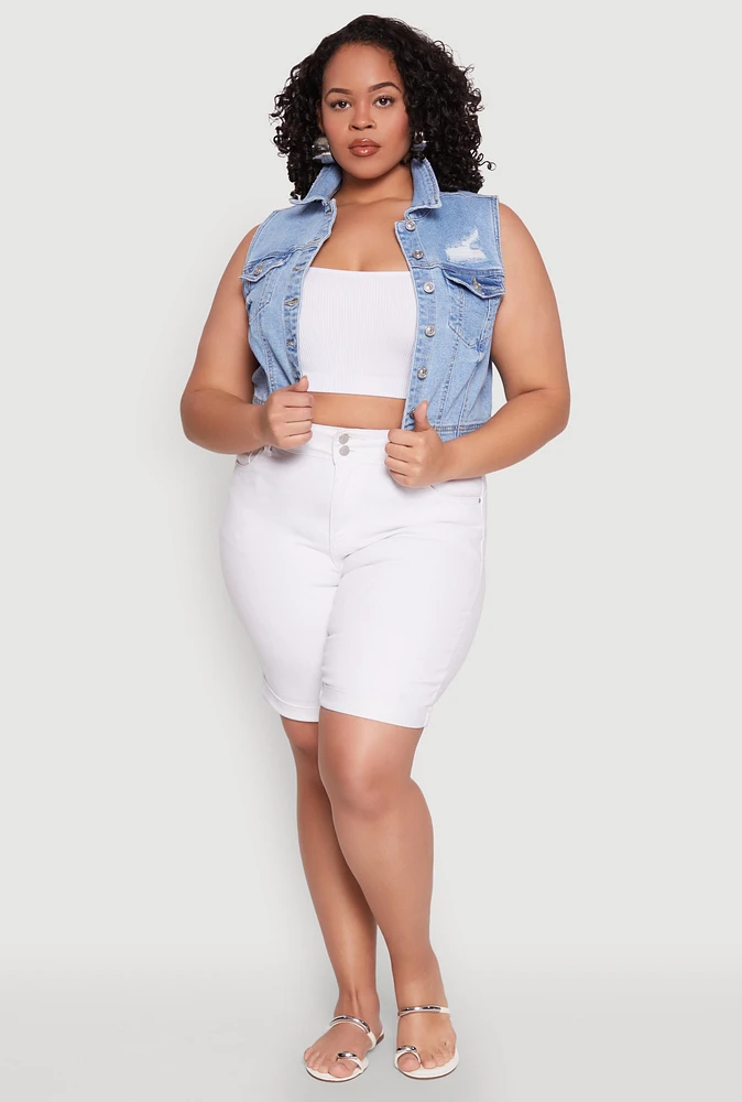 Womens Plus Size WAX Distressed Denim Vest, Blue, Size 2X
