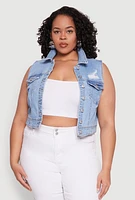 Womens Plus Size WAX Distressed Denim Vest, Blue, Size 2X