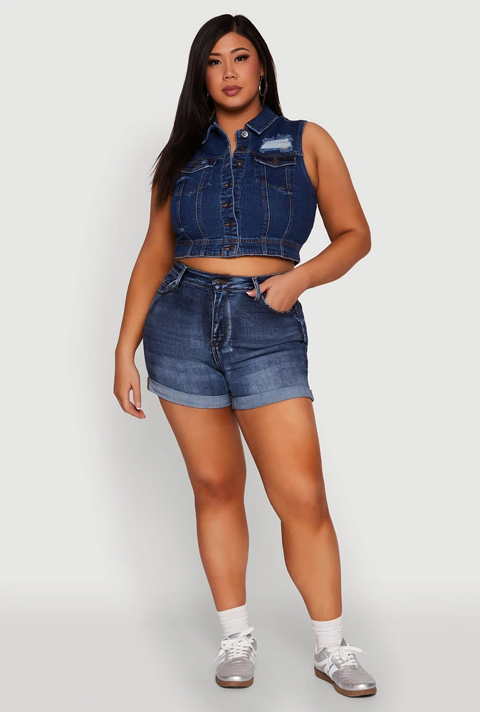 Womens Plus Size WAX Distressed Denim Vest, Blue, Size 1X