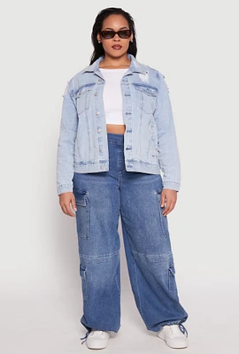 Womens Plus Size Almost Famous Distressed Denim Jacket, Blue, Size 2X