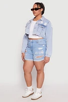 Womens Plus Size Distressed Denim Jacket, Blue, Size 1X