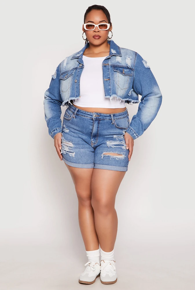 Womens Plus Size Distressed Denim Jacket, Blue, Size 2X