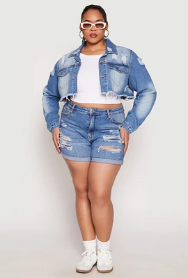 Womens Plus Size Distressed Denim Jacket, Blue, Size 2X