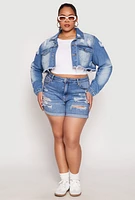 Womens Plus Size Distressed Denim Jacket, Blue, Size 2X