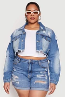 Womens Plus Size Distressed Denim Jacket, Blue, Size 2X