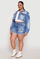 Womens Plus Size Distressed Denim Jacket, Blue, Size 2X