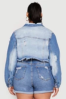 Womens Plus Size Distressed Denim Jacket, Blue, Size 2X