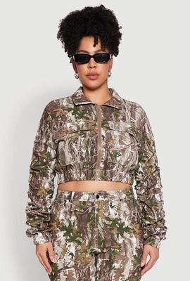 Womens Plus Size Graphic Print Ruched Sleeve Cropped Jacket, Green, Size 3X