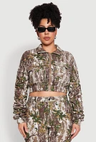 Womens Plus Size Graphic Print Ruched Sleeve Cropped Jacket, Green, Size 3X
