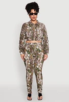 Womens Plus Size Graphic Print Ruched Sleeve Cropped Jacket, Green, Size 3X