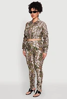 Womens Plus Size Graphic Print Ruched Sleeve Cropped Jacket, Green, Size 3X