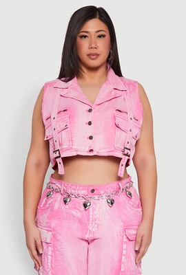 Womens Plus Size Spoon Jeans Mineral Wash Denim Vest, Pink, Size 3X