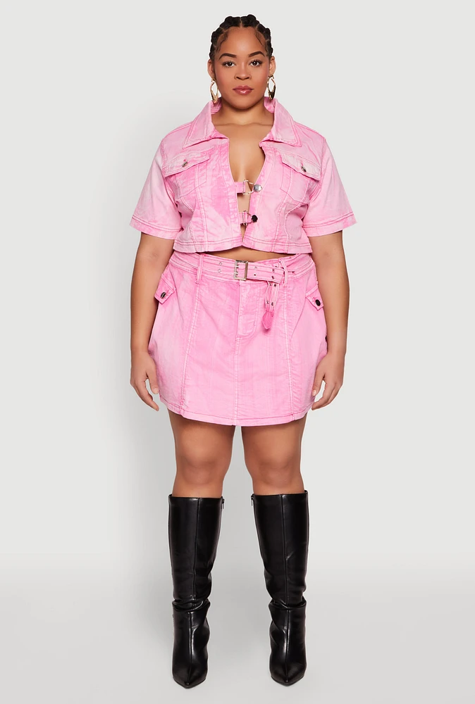 Womens Plus Size Spoon Jeans Mineral Wash Pintuck Skirt, Pink, Size 2X