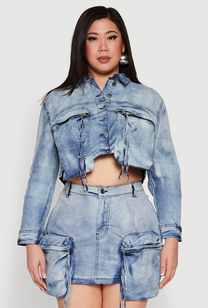 Womens Plus Size Spoon Jeans Cargo Pocket Denim Jacket, Blue, Size 2X