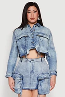 Womens Plus Size Spoon Jeans Cargo Pocket Denim Jacket, Blue, Size 2X