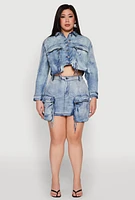 Womens Plus Size Spoon Jeans Cargo Pocket Denim Jacket, Blue, Size 2X