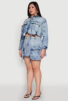 Womens Plus Size Spoon Jeans Cargo Pocket Denim Jacket, Blue, Size 2X
