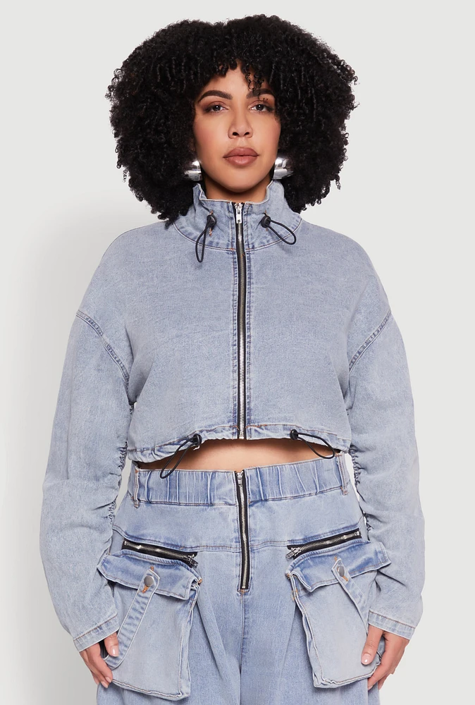 Womens Plus Spoon Jeans Drawstring Cropped Jacket, Blue,