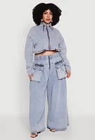 Womens Plus Spoon Jeans Drawstring Cropped Jacket, Blue,