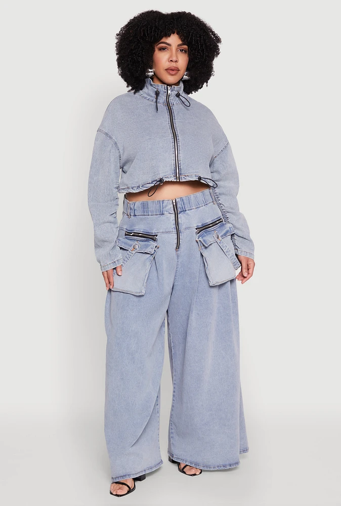 Womens Plus Spoon Jeans Drawstring Cropped Jacket, Blue,
