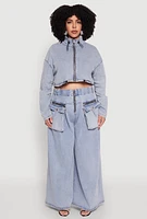 Womens Plus Spoon Jeans Drawstring Cropped Jacket, Blue,